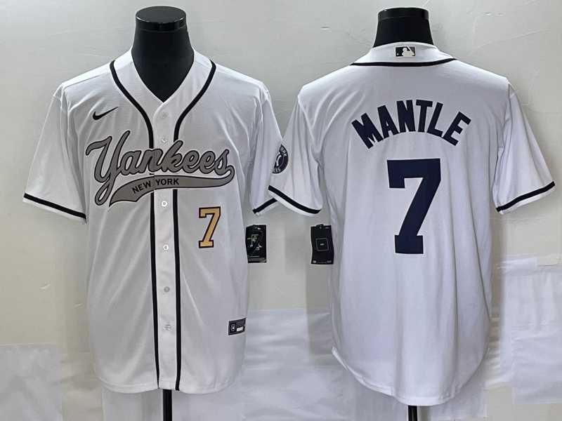 Men%27s New York Yankees #7 Mickey Mantle Number White With Patch Cool Base Stitched Baseball Jersey->new york yankees->MLB Jersey